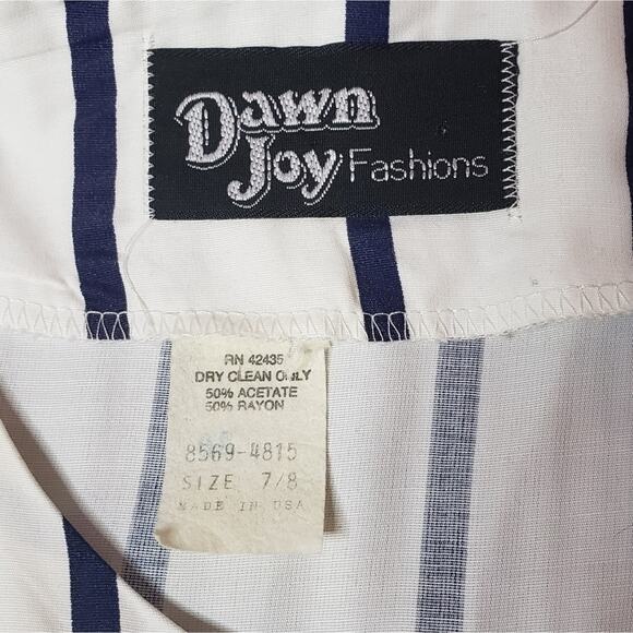 VTG 80s Navy Blue & White Stripe Dawn Joy Fashions Dress, sz 7/8 - Picture 5 of 8